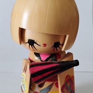 Vintage Japanese Kokeshi Doll with Parasol Hand Painted Wood 6” Signed Showa Era